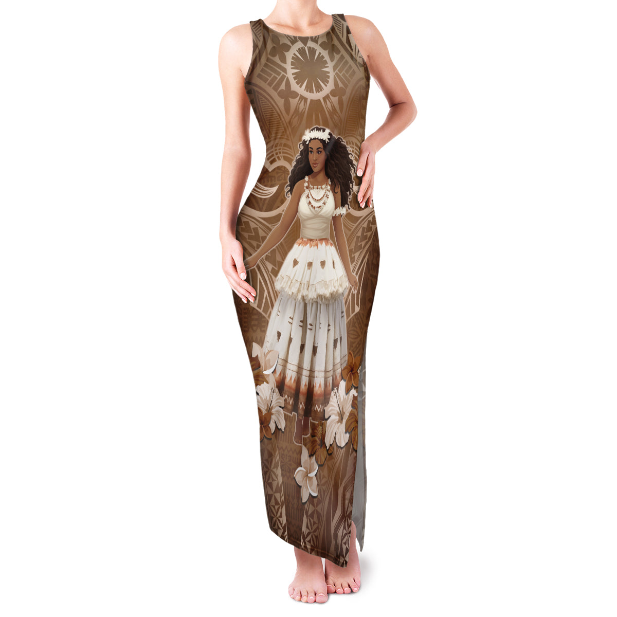 Bula Fiji Women's Day Family Matching Tank Maxi Dress and Hawaiian Shirt With Fijian Tapa Pattern LT05 Mom's Dress Brown - Polynesian Pride