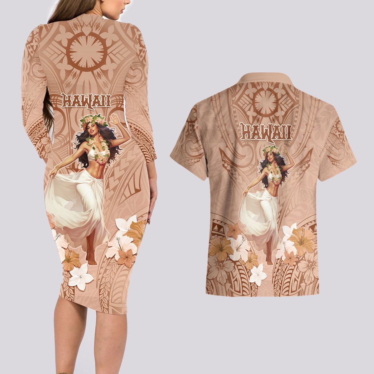 Hawaii Women's Day Couples Matching Long Sleeve Bodycon Dress and Hawaiian Shirt With Polynesian Pattern LT05 - Polynesian Pride