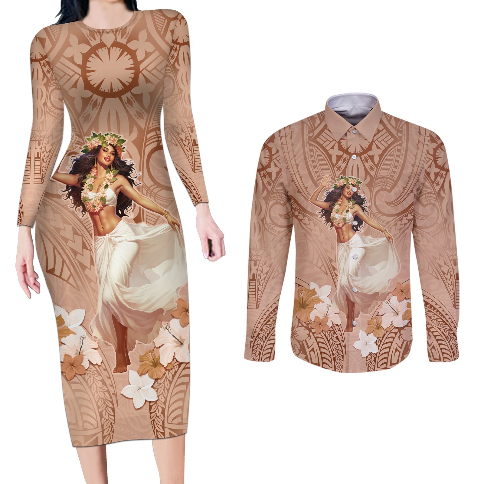Hawaii Women's Day Couples Matching Long Sleeve Bodycon Dress and Long Sleeve Button Shirt With Polynesian Pattern LT05 Brown - Polynesian Pride