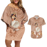Hawaii Women's Day Couples Matching Off Shoulder Short Dress and Hawaiian Shirt With Polynesian Pattern LT05 Brown - Polynesian Pride