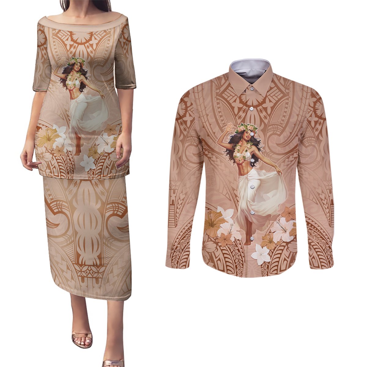 Hawaii Women's Day Couples Matching Puletasi and Long Sleeve Button Shirt With Polynesian Pattern LT05 Brown - Polynesian Pride