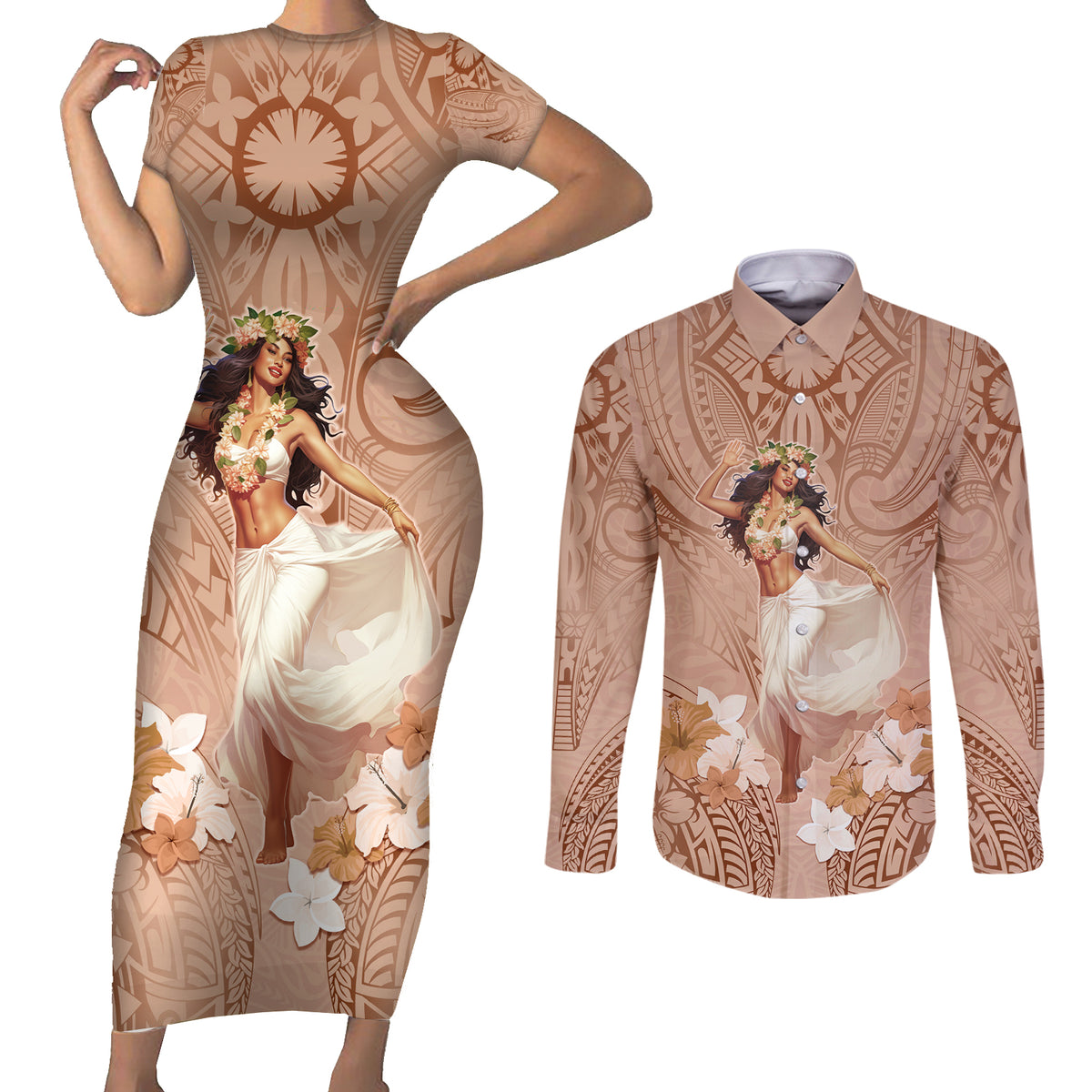 Hawaii Women's Day Couples Matching Short Sleeve Bodycon Dress and Long Sleeve Button Shirt With Polynesian Pattern LT05 Brown - Polynesian Pride