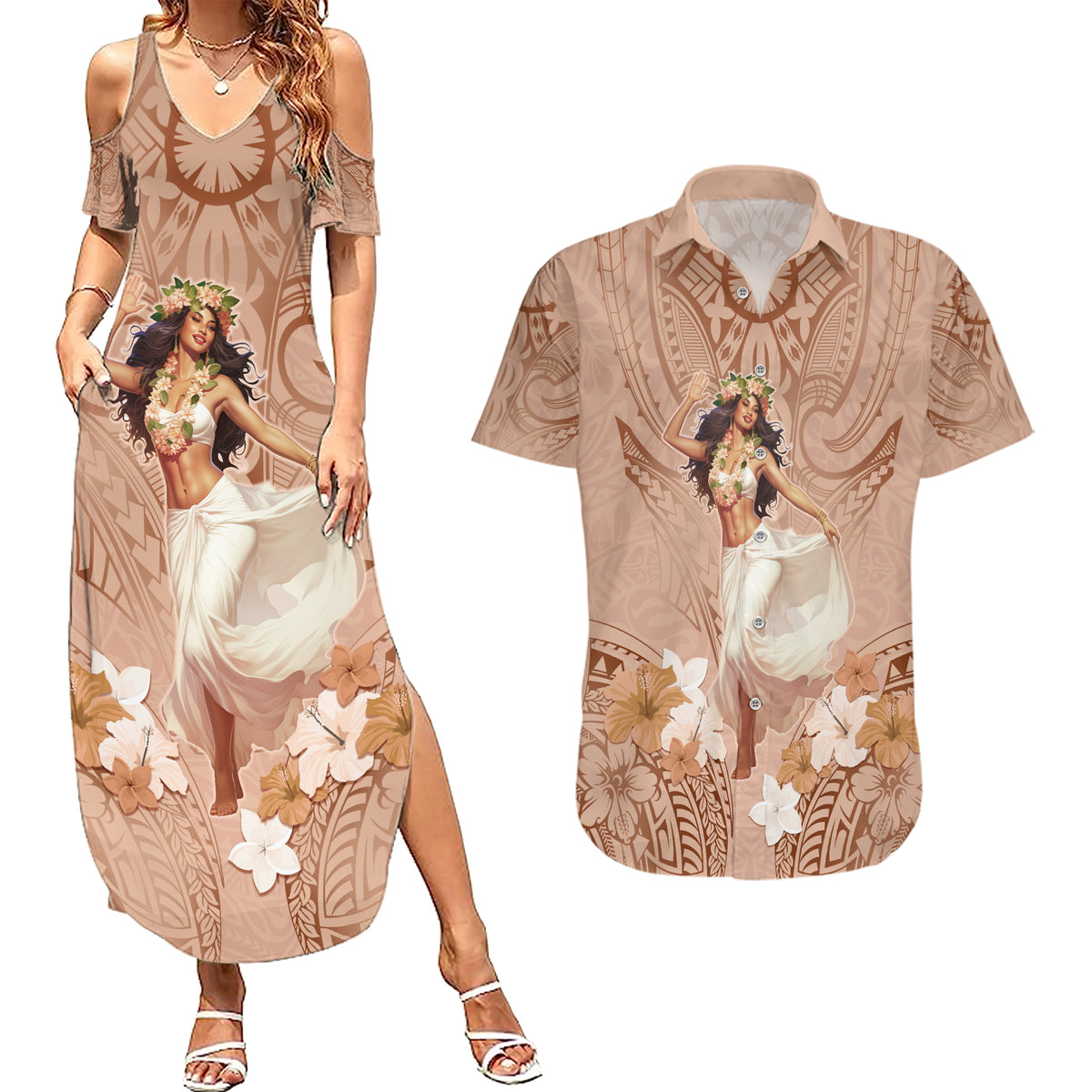 Hawaii Women's Day Couples Matching Summer Maxi Dress and Hawaiian Shirt With Polynesian Pattern LT05 Brown - Polynesian Pride