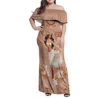 Hawaii Women's Day Family Matching Off Shoulder Maxi Dress and Hawaiian Shirt With Polynesian Pattern LT05 Mom's Dress Brown - Polynesian Pride
