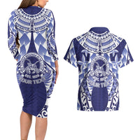 Personalised Tonga Queen Salote College Couples Matching Long Sleeve Bodycon Dress and Hawaiian Shirt Centenary Navy Version