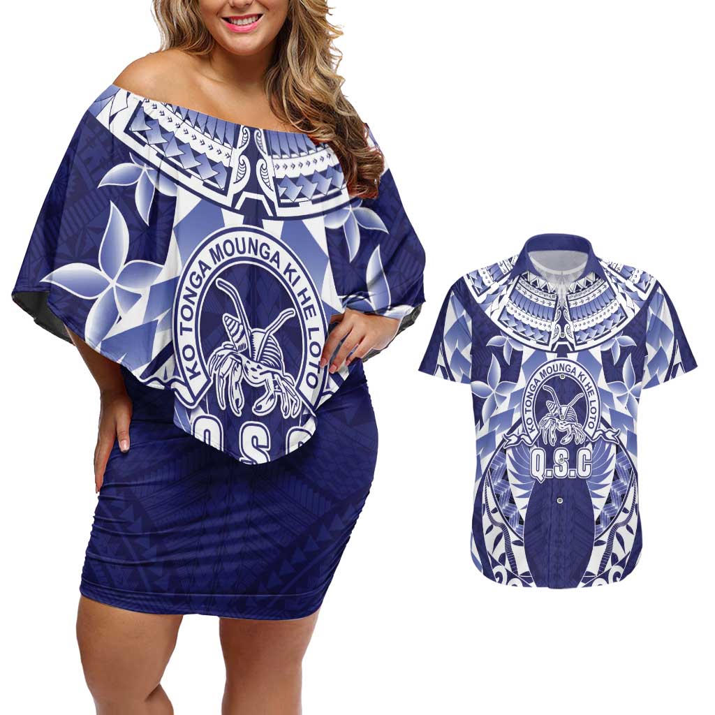 Personalised Tonga Queen Salote College Couples Matching Off Shoulder Short Dress and Hawaiian Shirt Centenary Navy Version