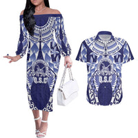 Personalised Tonga Queen Salote College Couples Matching Off The Shoulder Long Sleeve Dress and Hawaiian Shirt Centenary Navy Version LT05 Navy - Polynesian Pride