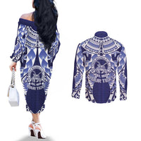 Personalised Tonga Queen Salote College Couples Matching Off The Shoulder Long Sleeve Dress and Long Sleeve Button Shirt Centenary Navy Version