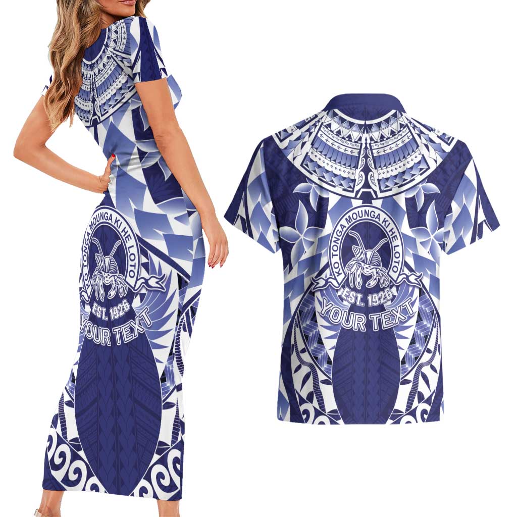 Personalised Tonga Queen Salote College Couples Matching Short Sleeve Bodycon Dress and Hawaiian Shirt Centenary Navy Version