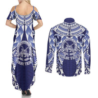 Personalised Tonga Queen Salote College Couples Matching Summer Maxi Dress and Long Sleeve Button Shirt Centenary Navy Version