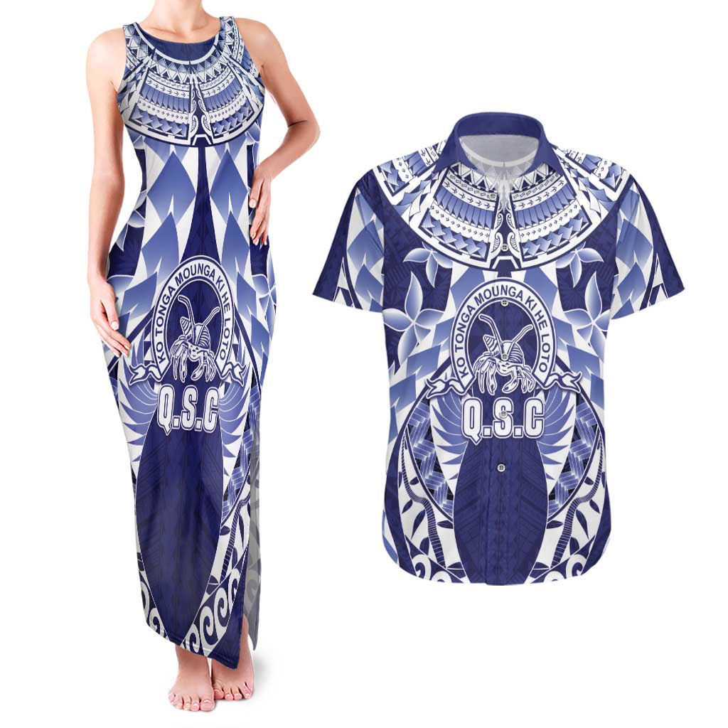 Personalised Tonga Queen Salote College Couples Matching Tank Maxi Dress and Hawaiian Shirt Centenary Navy Version