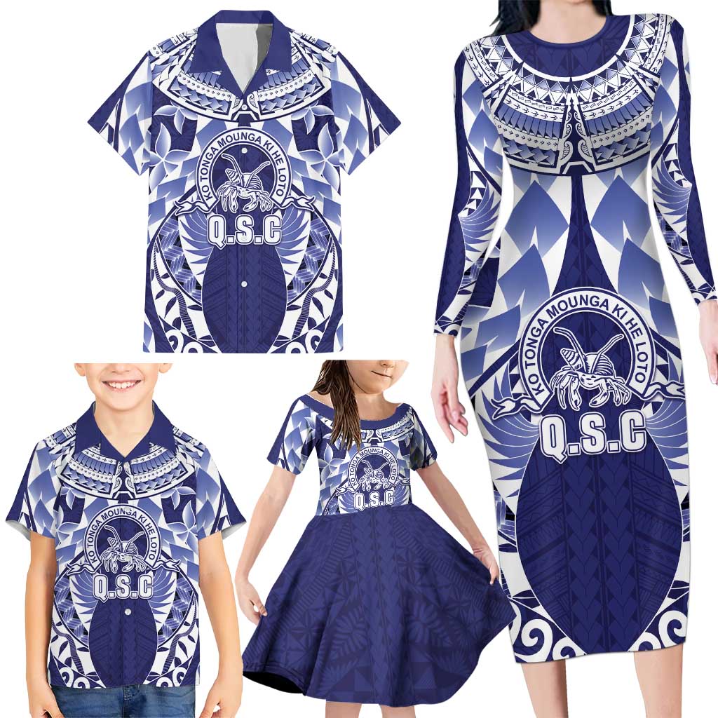 Personalised Tonga Queen Salote College Family Matching Long Sleeve Bodycon Dress and Hawaiian Shirt Centenary Navy Version