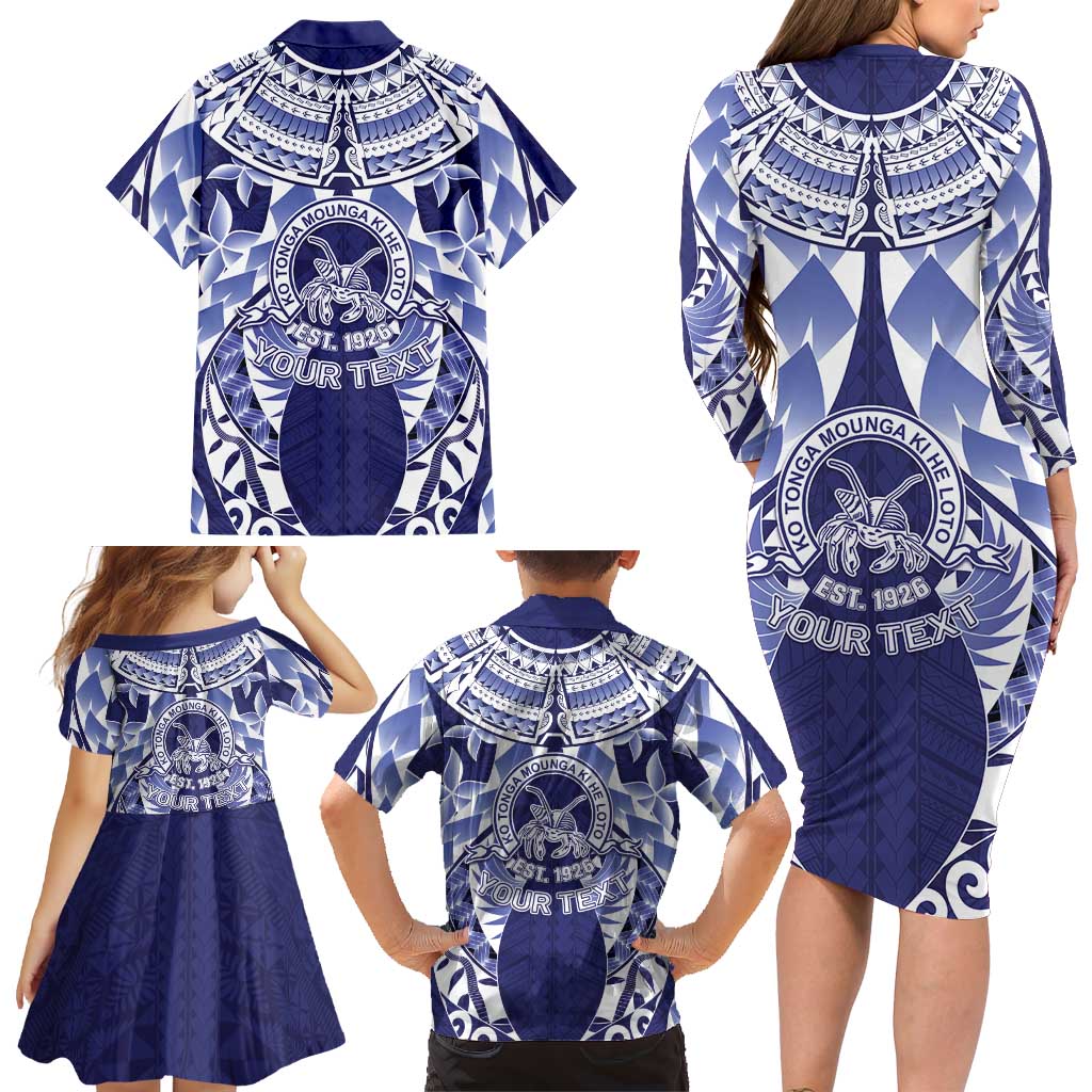 Personalised Tonga Queen Salote College Family Matching Long Sleeve Bodycon Dress and Hawaiian Shirt Centenary Navy Version LT05 - Polynesian Pride