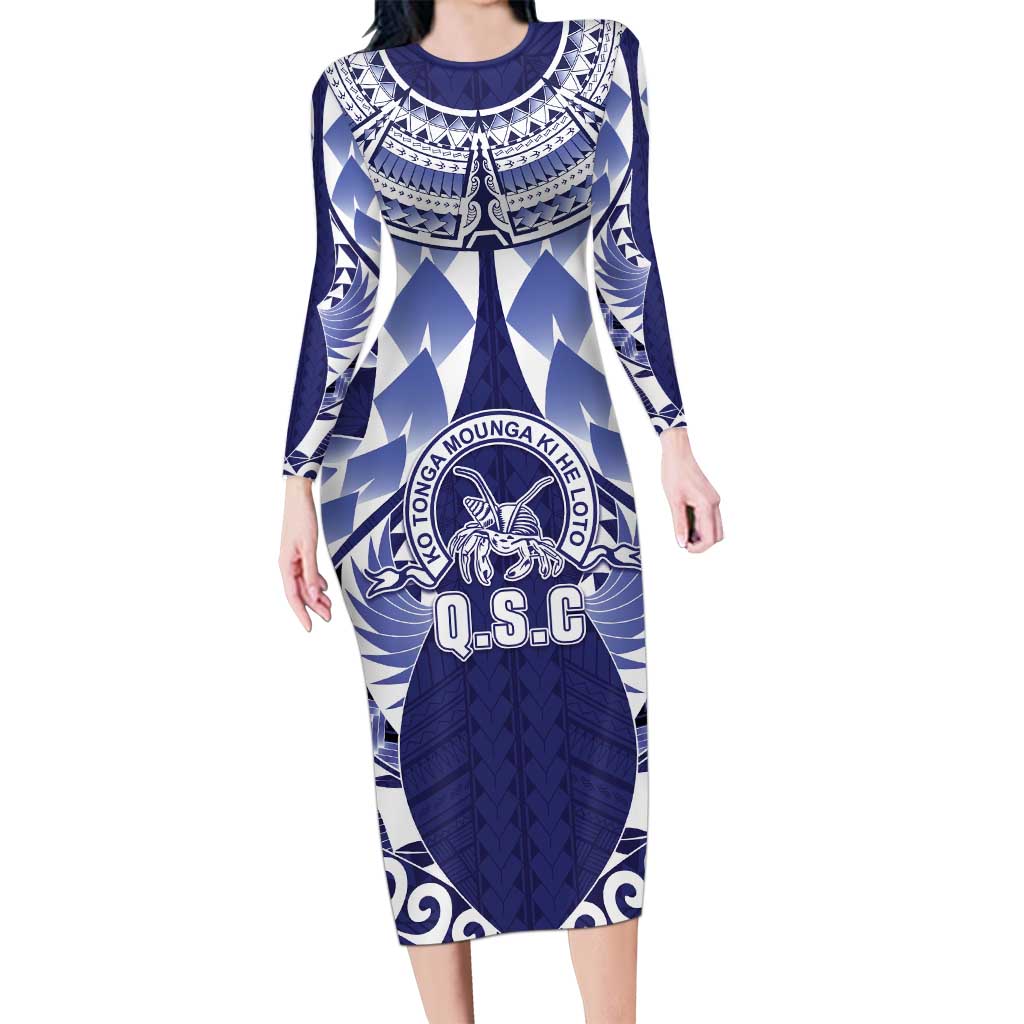 Personalised Tonga Queen Salote College Family Matching Long Sleeve Bodycon Dress and Hawaiian Shirt Centenary Navy Version LT05 Mom's Dress Navy - Polynesian Pride