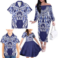Personalised Tonga Queen Salote College Family Matching Off The Shoulder Long Sleeve Dress and Hawaiian Shirt Centenary Navy Version LT05 - Polynesian Pride