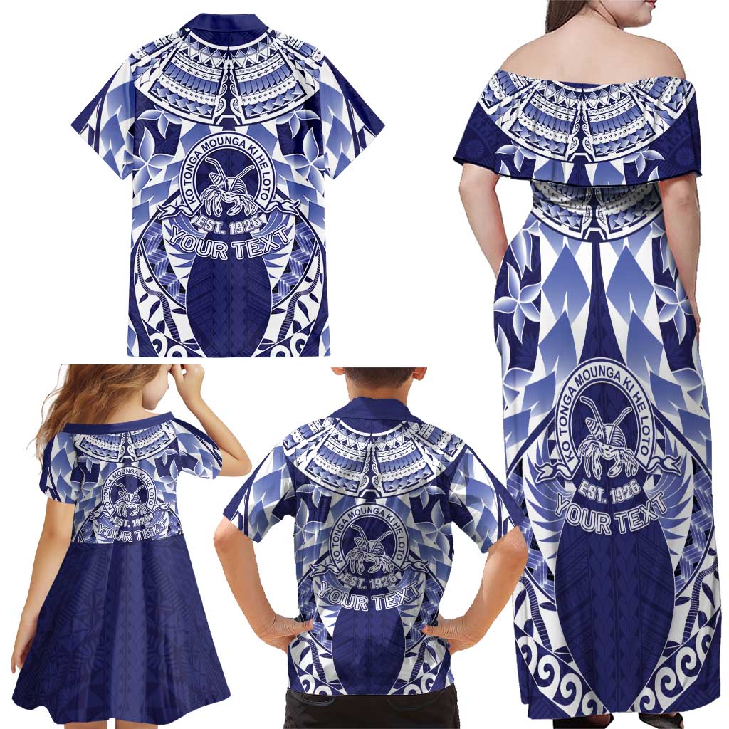 Personalised Tonga Queen Salote College Family Matching Off Shoulder Maxi Dress and Hawaiian Shirt Centenary Navy Version LT05 - Polynesian Pride