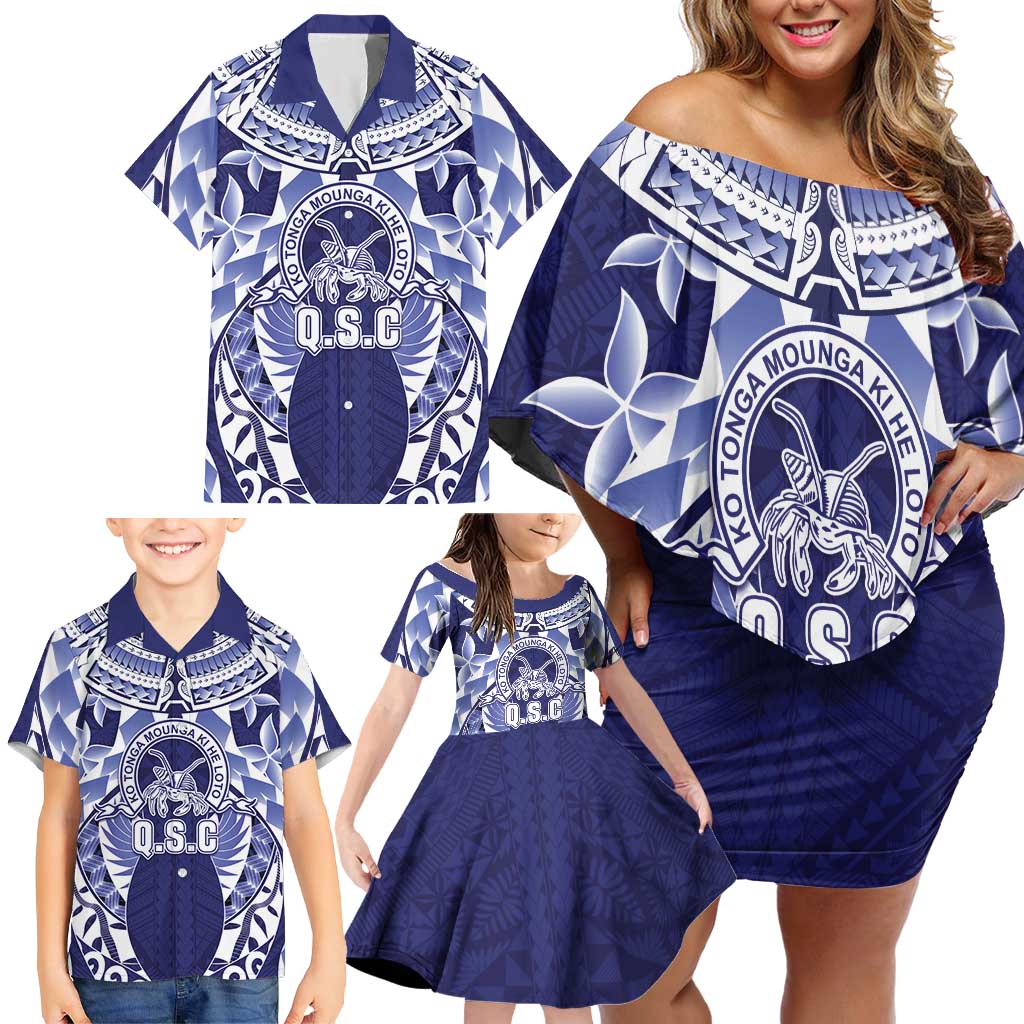 Personalised Tonga Queen Salote College Family Matching Off Shoulder Short Dress and Hawaiian Shirt Centenary Navy Version LT05 - Polynesian Pride