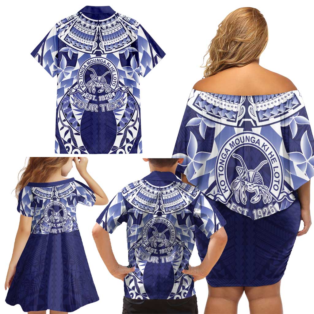 Personalised Tonga Queen Salote College Family Matching Off Shoulder Short Dress and Hawaiian Shirt Centenary Navy Version LT05 - Polynesian Pride