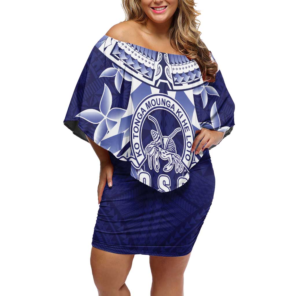 Personalised Tonga Queen Salote College Family Matching Off Shoulder Short Dress and Hawaiian Shirt Centenary Navy Version LT05 Mom's Dress Navy - Polynesian Pride