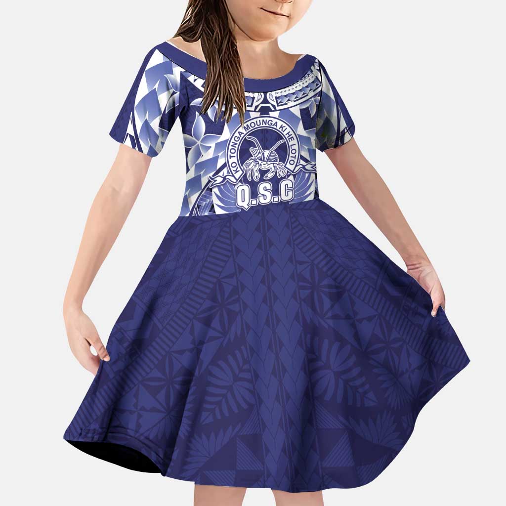 Personalised Tonga Queen Salote College Family Matching Short Sleeve Bodycon Dress and Hawaiian Shirt Centenary Navy Version LT05 Daughter's Dress Navy - Polynesian Pride