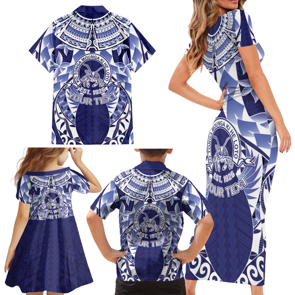 Personalised Tonga Queen Salote College Family Matching Short Sleeve Bodycon Dress and Hawaiian Shirt Centenary Navy Version LT05 - Polynesian Pride