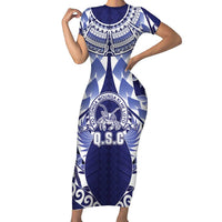 Personalised Tonga Queen Salote College Family Matching Short Sleeve Bodycon Dress and Hawaiian Shirt Centenary Navy Version LT05 Mom's Dress Navy - Polynesian Pride