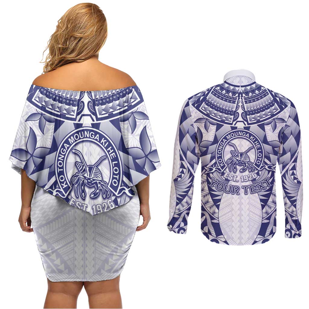 Personalised Tonga Queen Salote College Couples Matching Off Shoulder Short Dress and Long Sleeve Button Shirt Centenary White Version