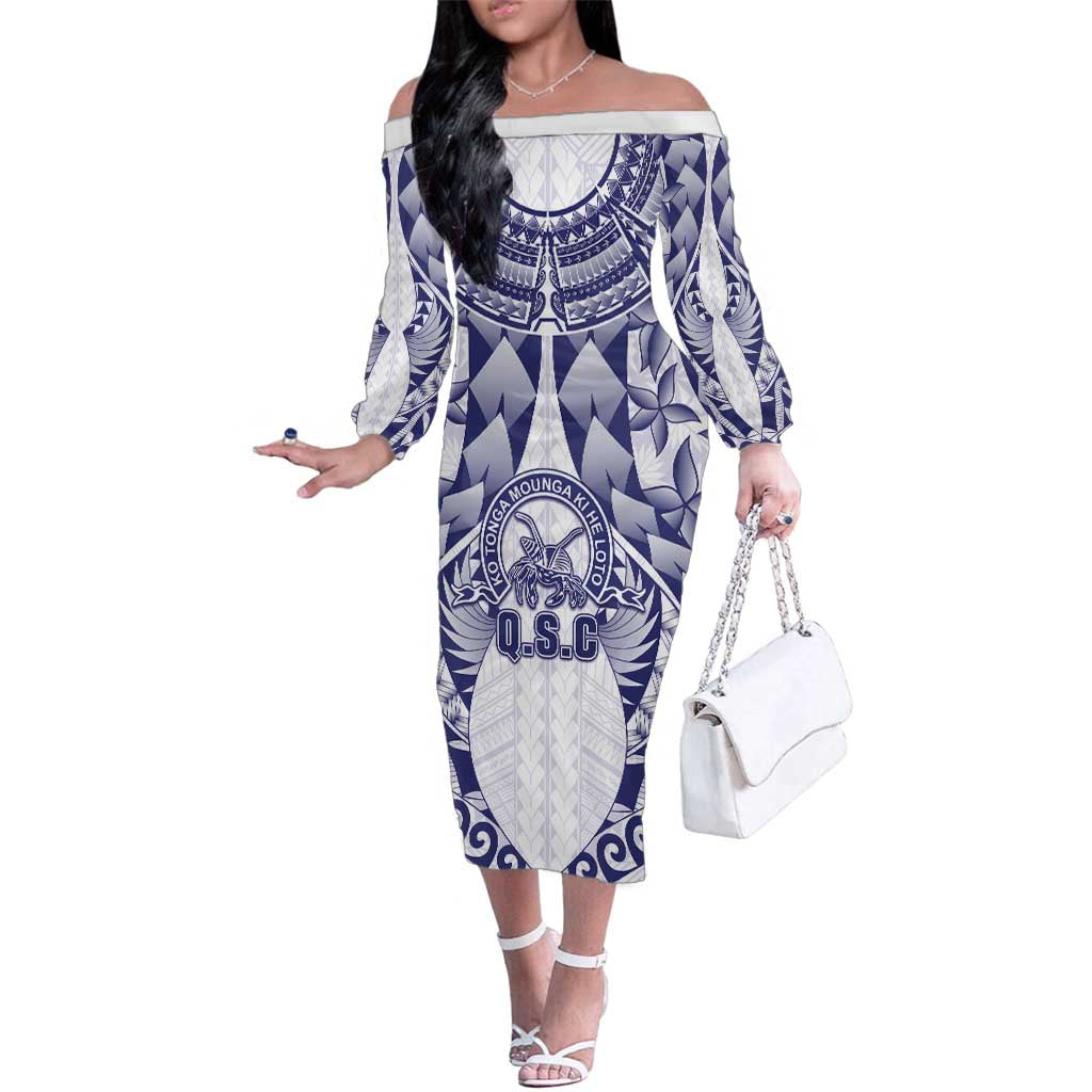 Personalised Tonga Queen Salote College Family Matching Off The Shoulder Long Sleeve Dress and Hawaiian Shirt Centenary White Version LT05 Mom's Dress White - Polynesian Pride