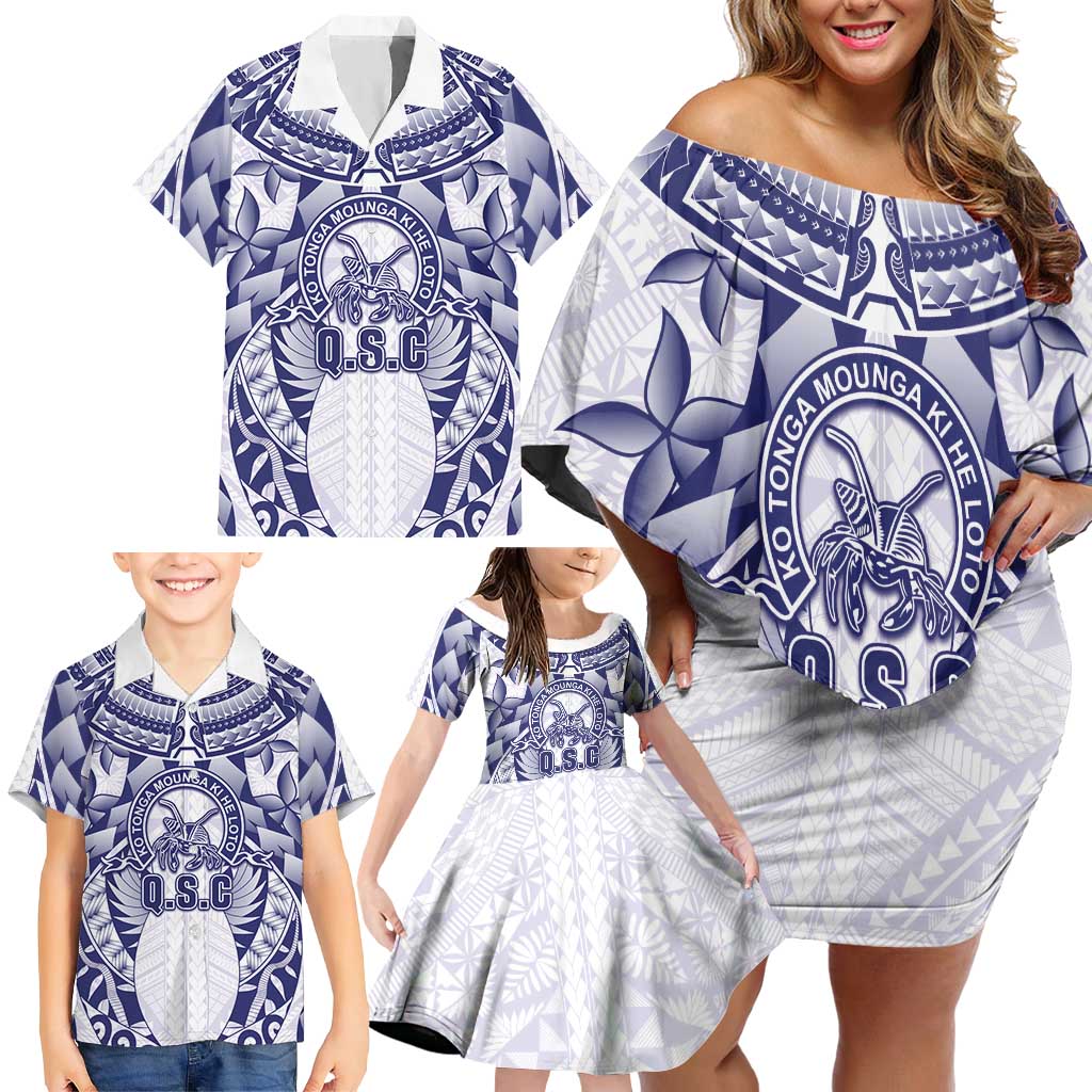Personalised Tonga Queen Salote College Family Matching Off Shoulder Short Dress and Hawaiian Shirt Centenary White Version LT05 - Polynesian Pride