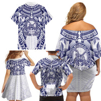 Personalised Tonga Queen Salote College Family Matching Off Shoulder Short Dress and Hawaiian Shirt Centenary White Version LT05 - Polynesian Pride