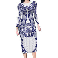 Personalised Tonga Queen Salote College Long Sleeve Bodycon Dress Centenary White Version LT05 Long Dress White - Polynesian Pride