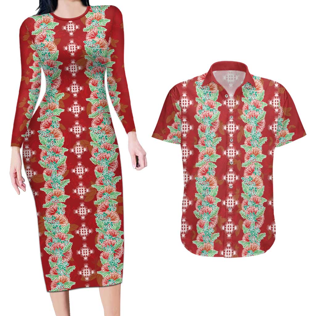 Hawaii Ohia Lehua Couples Matching Long Sleeve Bodycon Dress and Hawaiian Shirt Tropical Vibes Crimson LT05 Crimson - Polynesian Pride