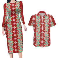 Hawaii Ohia Lehua Couples Matching Long Sleeve Bodycon Dress and Hawaiian Shirt Tropical Vibes Crimson LT05 Crimson - Polynesian Pride