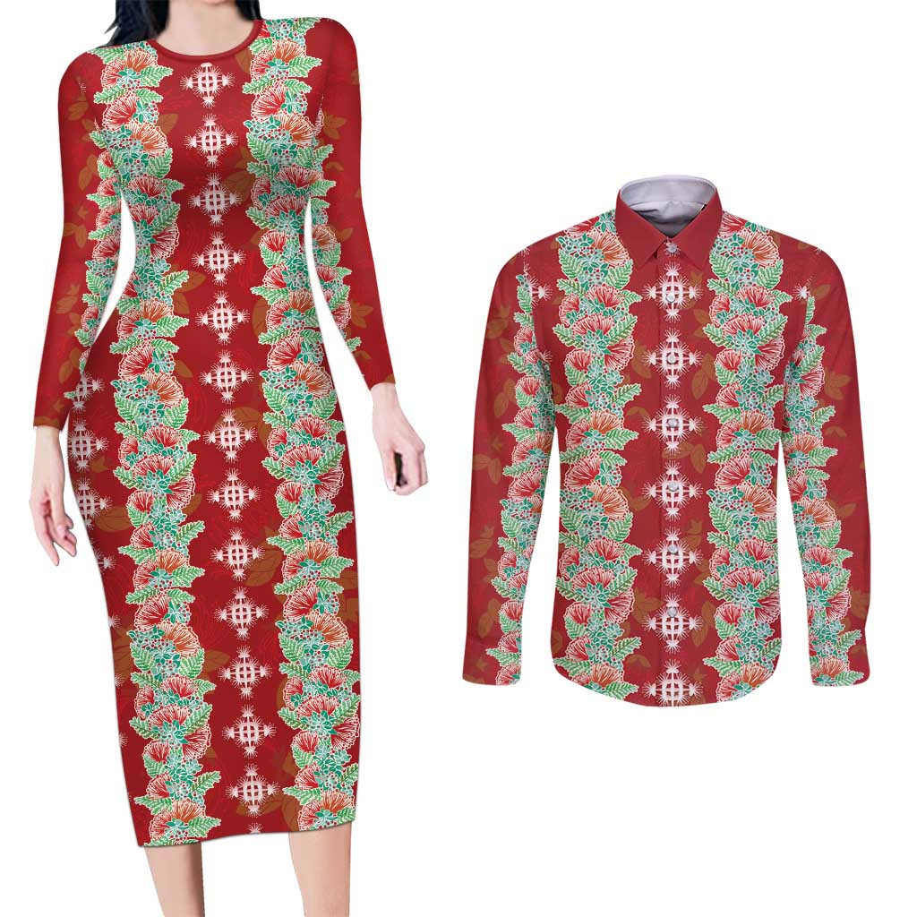 Hawaii Ohia Lehua Couples Matching Long Sleeve Bodycon Dress and Long Sleeve Button Shirt Tropical Vibes Crimson LT05 Crimson - Polynesian Pride