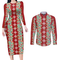 Hawaii Ohia Lehua Couples Matching Long Sleeve Bodycon Dress and Long Sleeve Button Shirt Tropical Vibes Crimson LT05 Crimson - Polynesian Pride