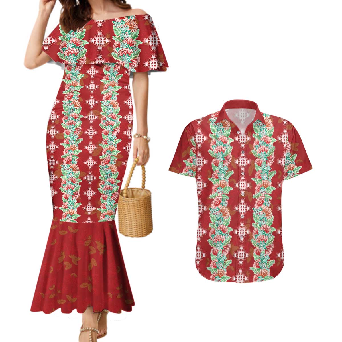Hawaii Ohia Lehua Couples Matching Mermaid Dress and Hawaiian Shirt Tropical Vibes Crimson LT05 Crimson - Polynesian Pride