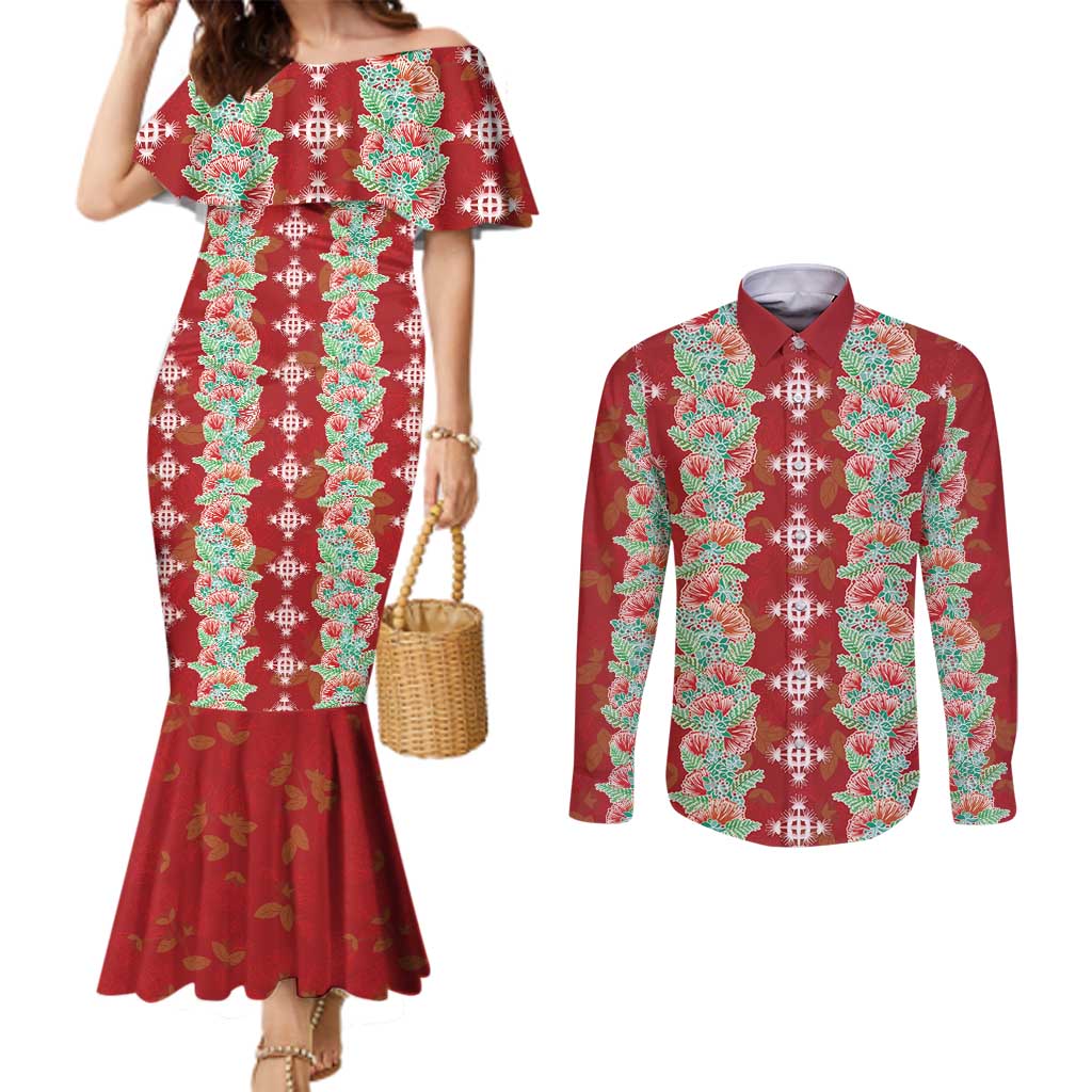 Hawaii Ohia Lehua Couples Matching Mermaid Dress and Long Sleeve Button Shirt Tropical Vibes Crimson LT05 Crimson - Polynesian Pride