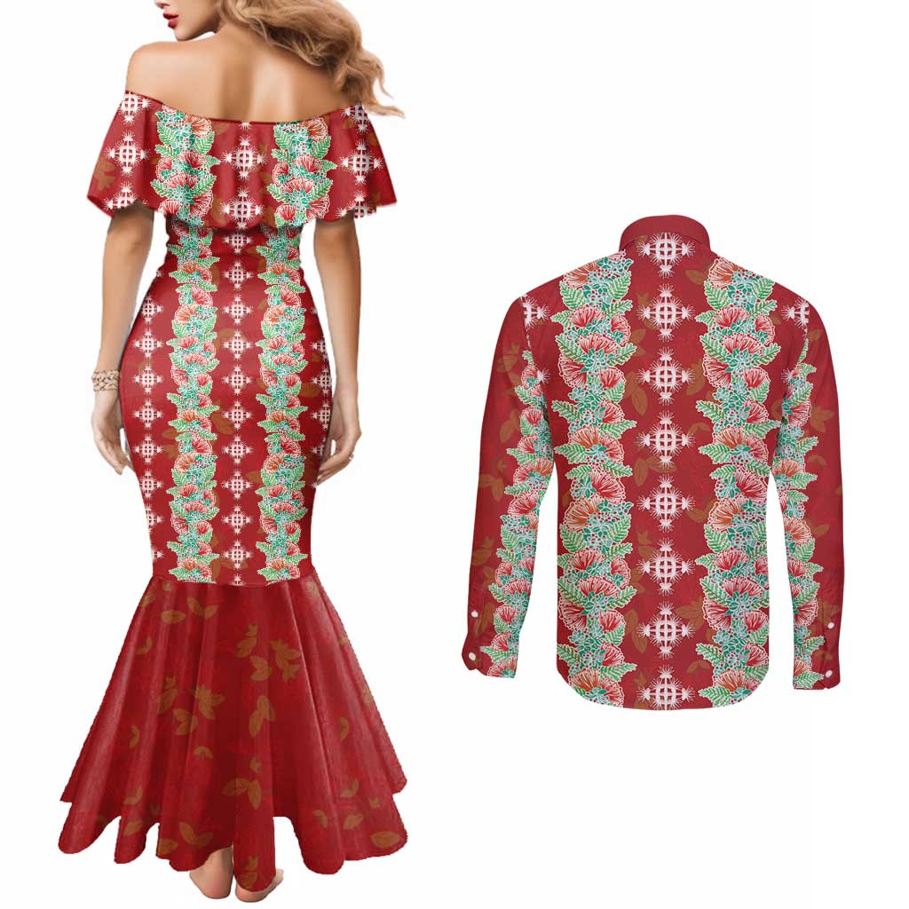 Hawaii Ohia Lehua Couples Matching Mermaid Dress and Long Sleeve Button Shirt Tropical Vibes Crimson LT05 - Polynesian Pride