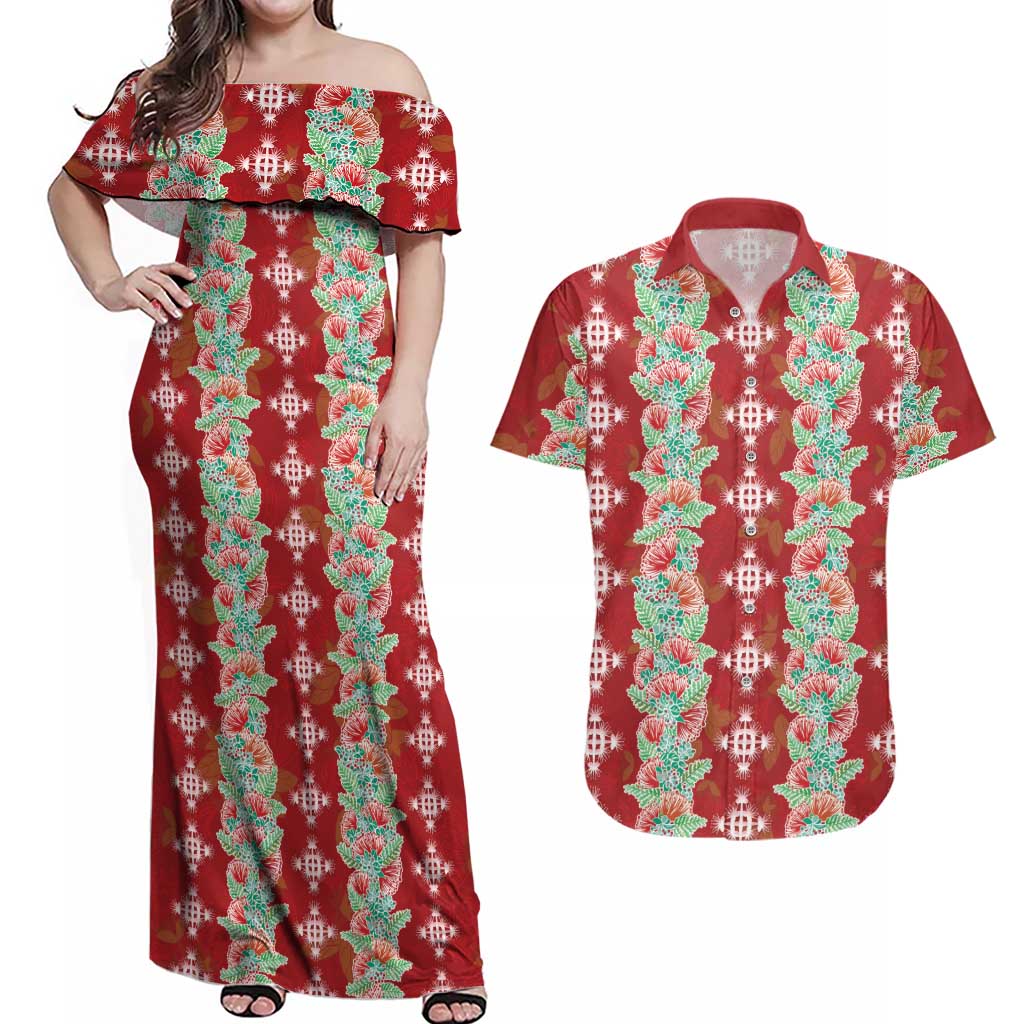 Hawaii Ohia Lehua Couples Matching Off Shoulder Maxi Dress and Hawaiian Shirt Tropical Vibes Crimson LT05 Crimson - Polynesian Pride