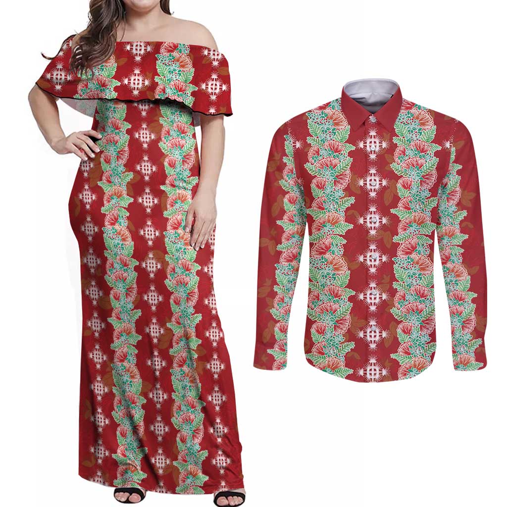 Hawaii Ohia Lehua Couples Matching Off Shoulder Maxi Dress and Long Sleeve Button Shirt Tropical Vibes Crimson LT05 Crimson - Polynesian Pride
