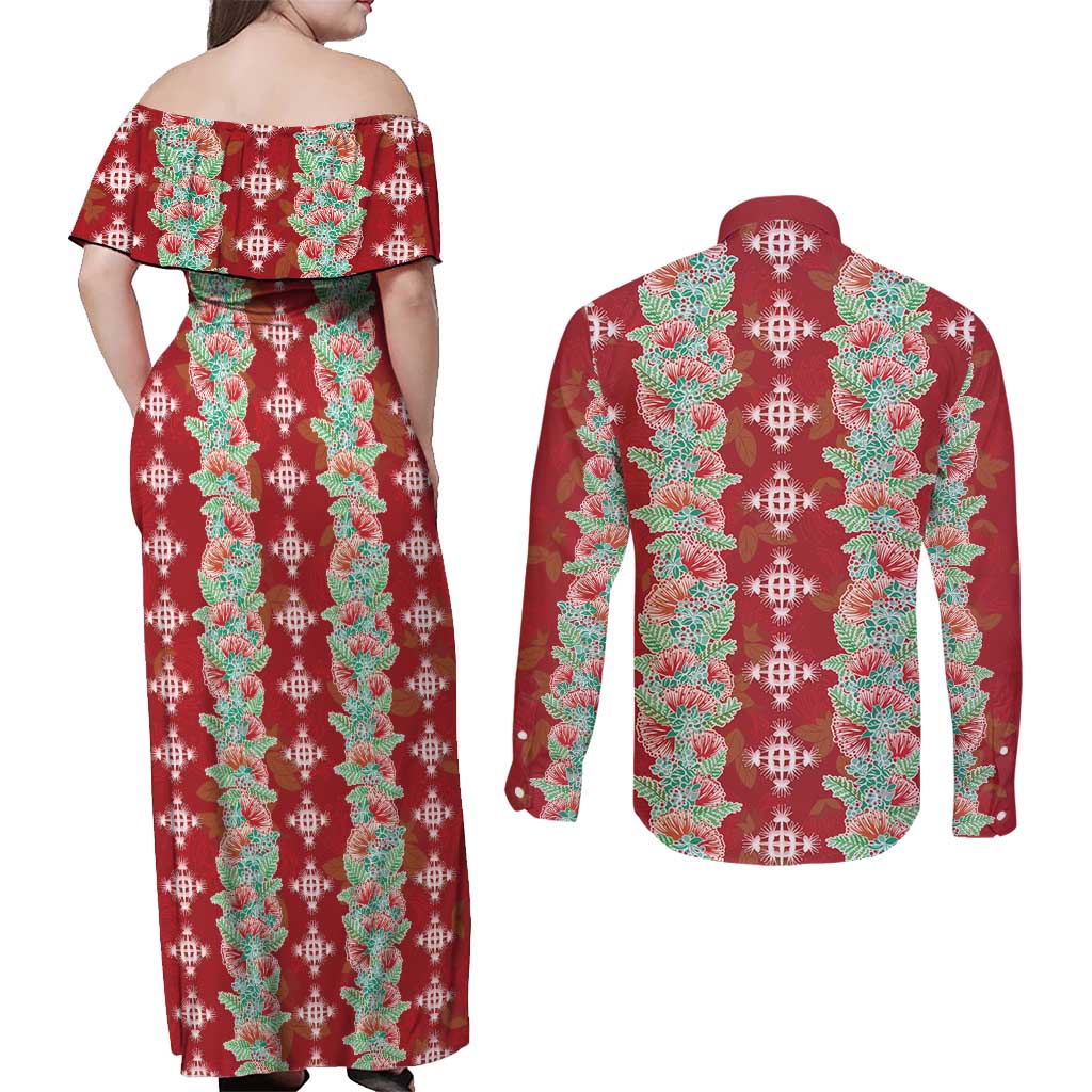 Hawaii Ohia Lehua Couples Matching Off Shoulder Maxi Dress and Long Sleeve Button Shirt Tropical Vibes Crimson LT05 - Polynesian Pride