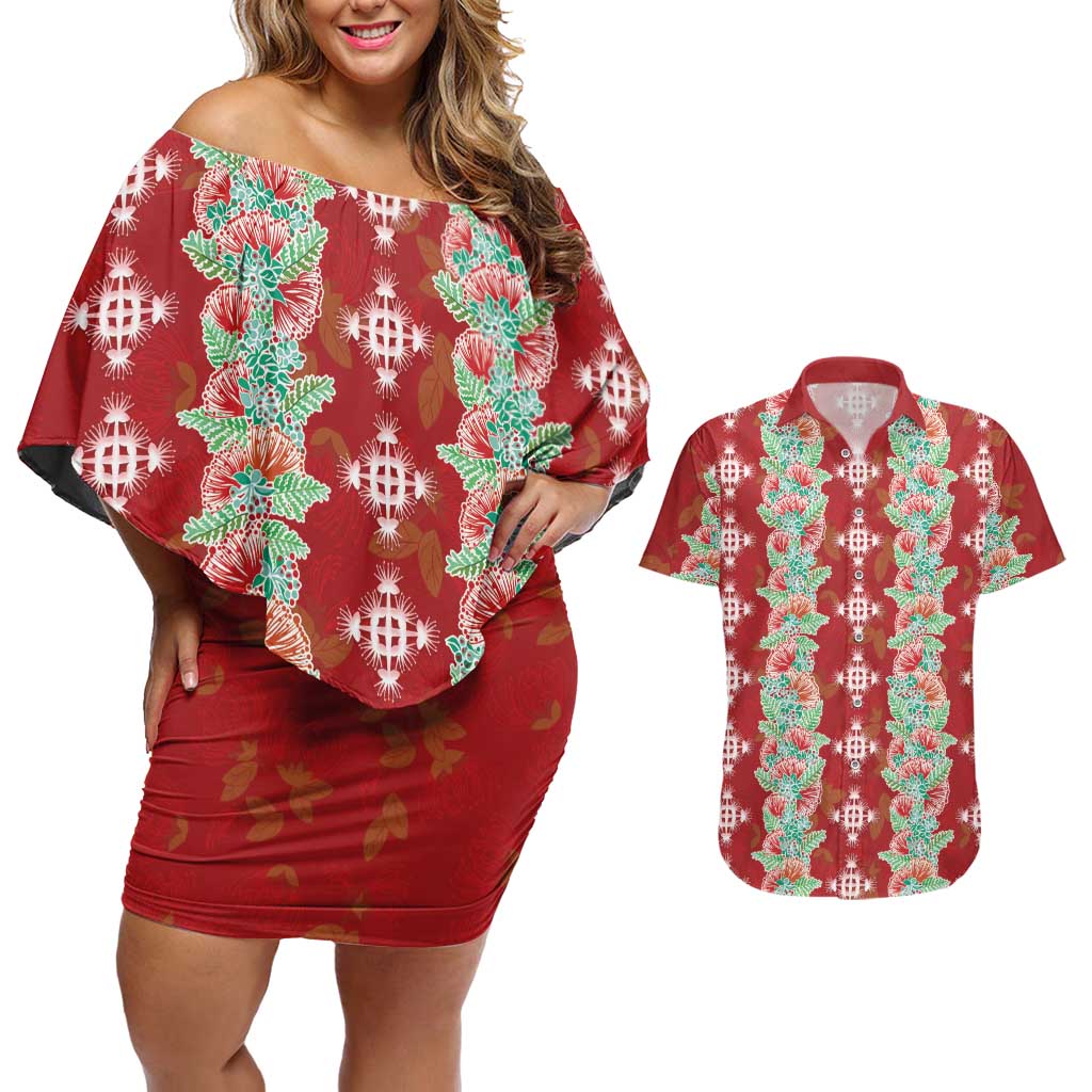 Hawaii Ohia Lehua Couples Matching Off Shoulder Short Dress and Hawaiian Shirt Tropical Vibes Crimson LT05 Crimson - Polynesian Pride