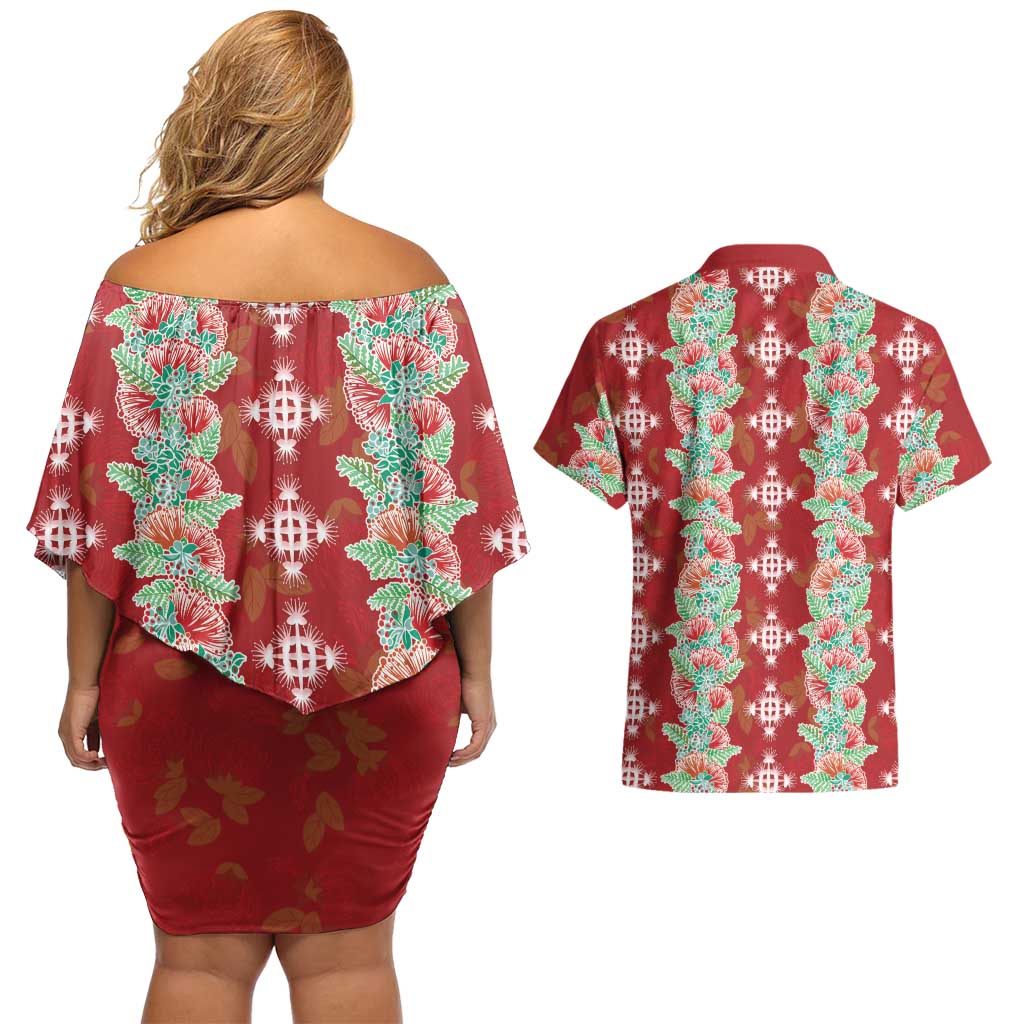 Hawaii Ohia Lehua Couples Matching Off Shoulder Short Dress and Hawaiian Shirt Tropical Vibes Crimson LT05 - Polynesian Pride