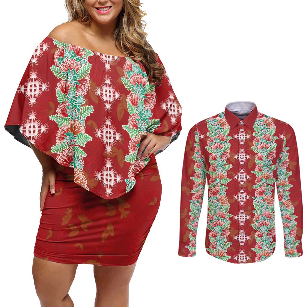 Hawaii Ohia Lehua Couples Matching Off Shoulder Short Dress and Long Sleeve Button Shirt Tropical Vibes Crimson LT05 Crimson - Polynesian Pride