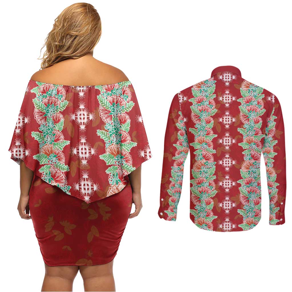 Hawaii Ohia Lehua Couples Matching Off Shoulder Short Dress and Long Sleeve Button Shirt Tropical Vibes Crimson LT05 - Polynesian Pride