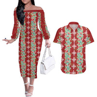 Hawaii Ohia Lehua Couples Matching Off The Shoulder Long Sleeve Dress and Hawaiian Shirt Tropical Vibes Crimson LT05 Crimson - Polynesian Pride