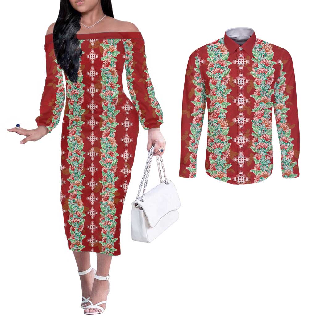 Hawaii Ohia Lehua Couples Matching Off The Shoulder Long Sleeve Dress and Long Sleeve Button Shirt Tropical Vibes Crimson LT05 Crimson - Polynesian Pride