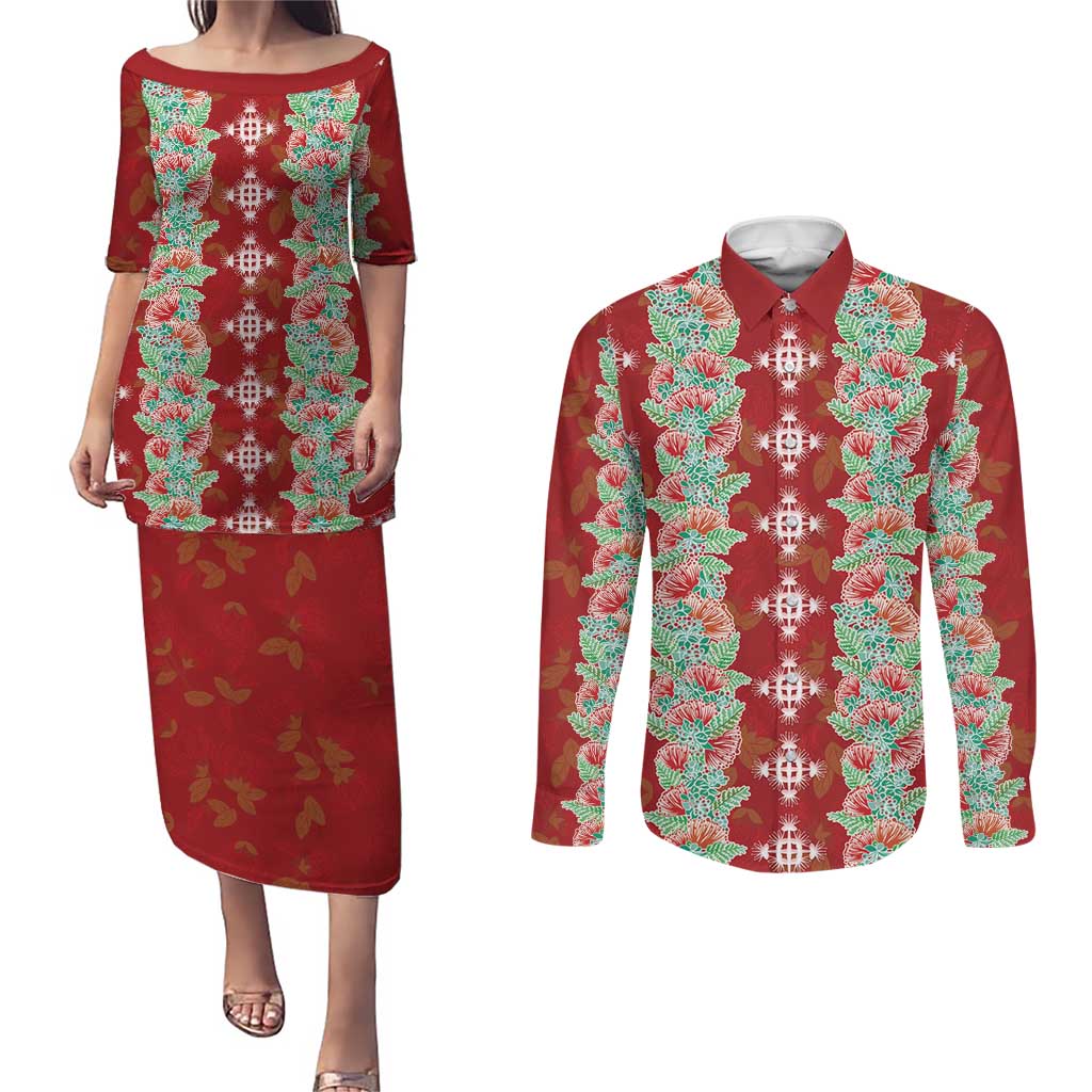 Hawaii Ohia Lehua Couples Matching Puletasi and Long Sleeve Button Shirt Tropical Vibes Crimson LT05 Crimson - Polynesian Pride
