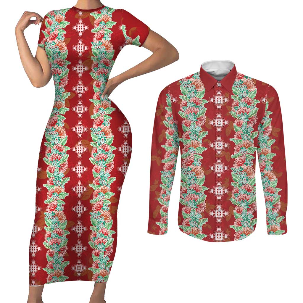 Hawaii Ohia Lehua Couples Matching Short Sleeve Bodycon Dress and Long Sleeve Button Shirt Tropical Vibes Crimson LT05 Crimson - Polynesian Pride