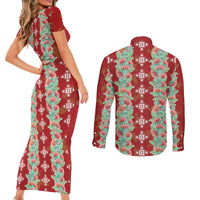 Hawaii Ohia Lehua Couples Matching Short Sleeve Bodycon Dress and Long Sleeve Button Shirt Tropical Vibes Crimson LT05 - Polynesian Pride
